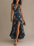 Vintage Halter-neck Printed Maxi Dress With A High Slit And Ruffled Hem