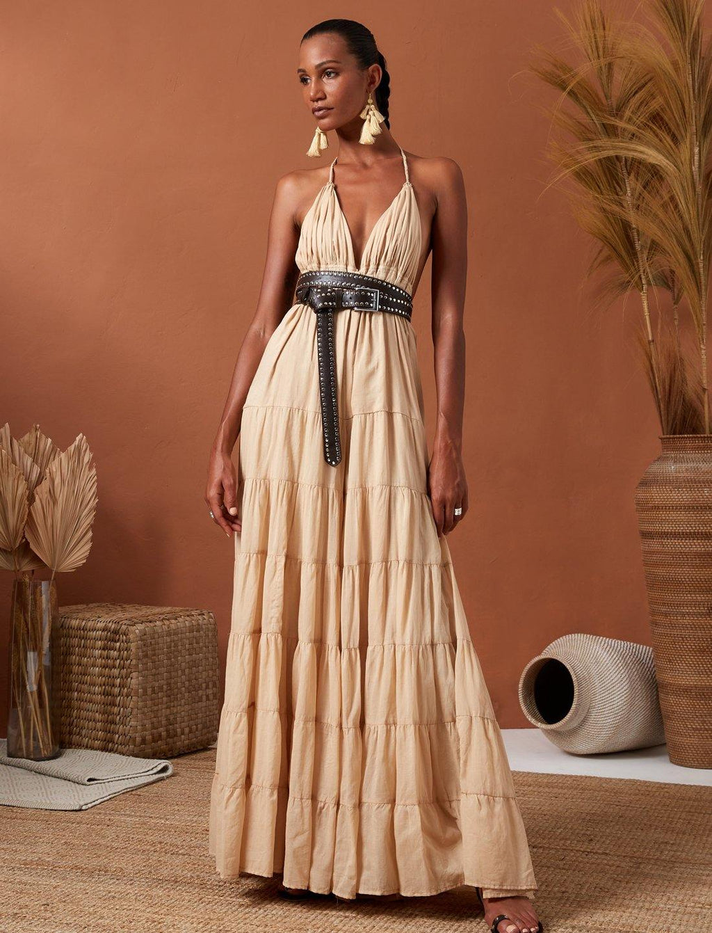 Elegant Boho Halter Neck Tiered Flowing Maxi Dress