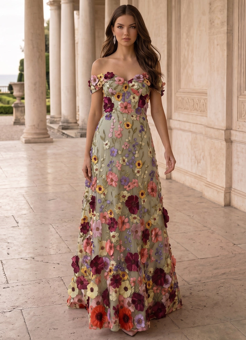 Romantic Botanical Garden Embroidered Off Shoulder Gown