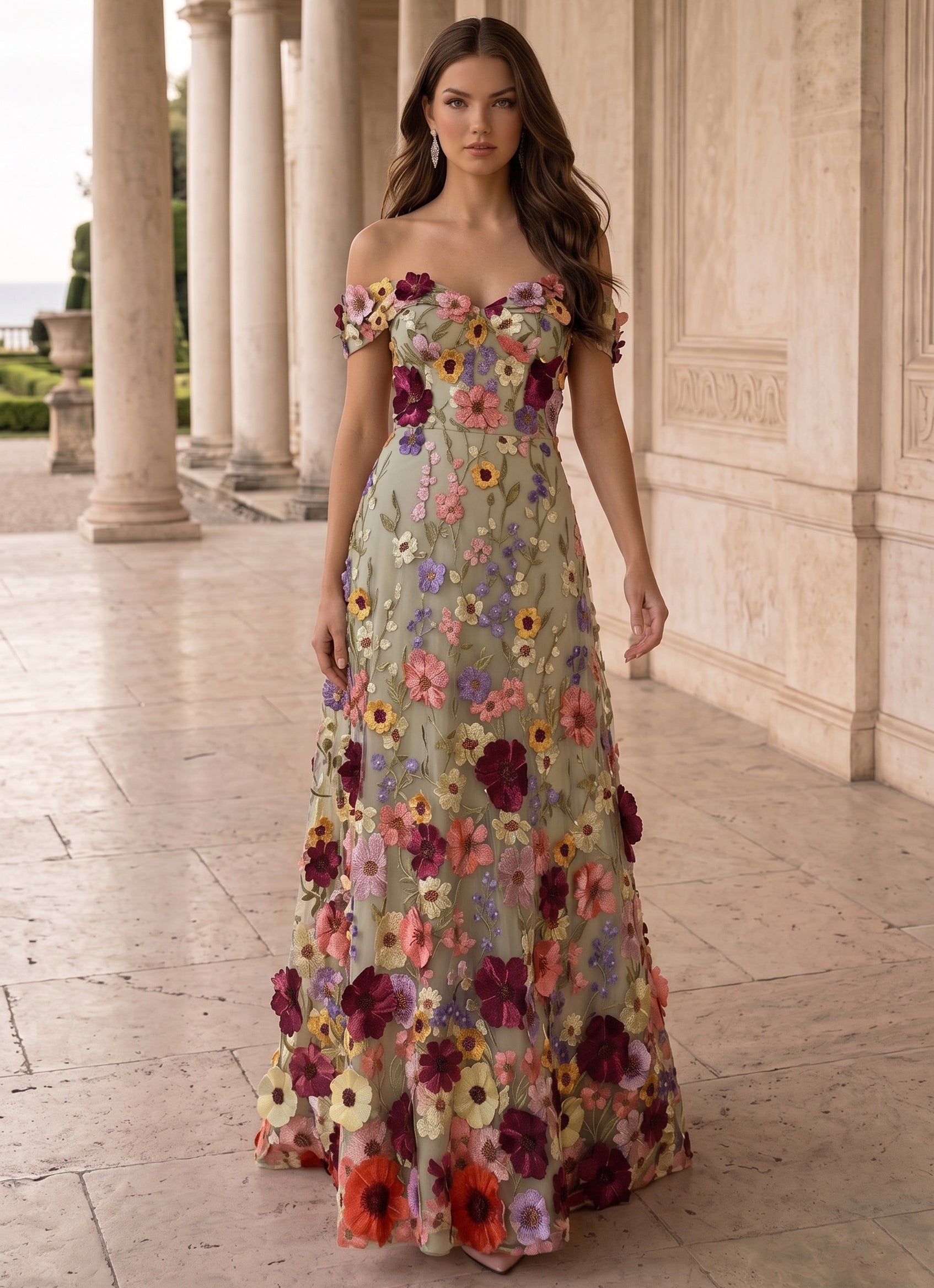 Romantic Botanical Garden Embroidered Off Shoulder Gown