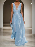 Elegant Sky Blue Glitter Plunge Neck Formal Gown