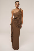 Chocolate Brown One Shoulder Draped Asymmetric Maxi Dress