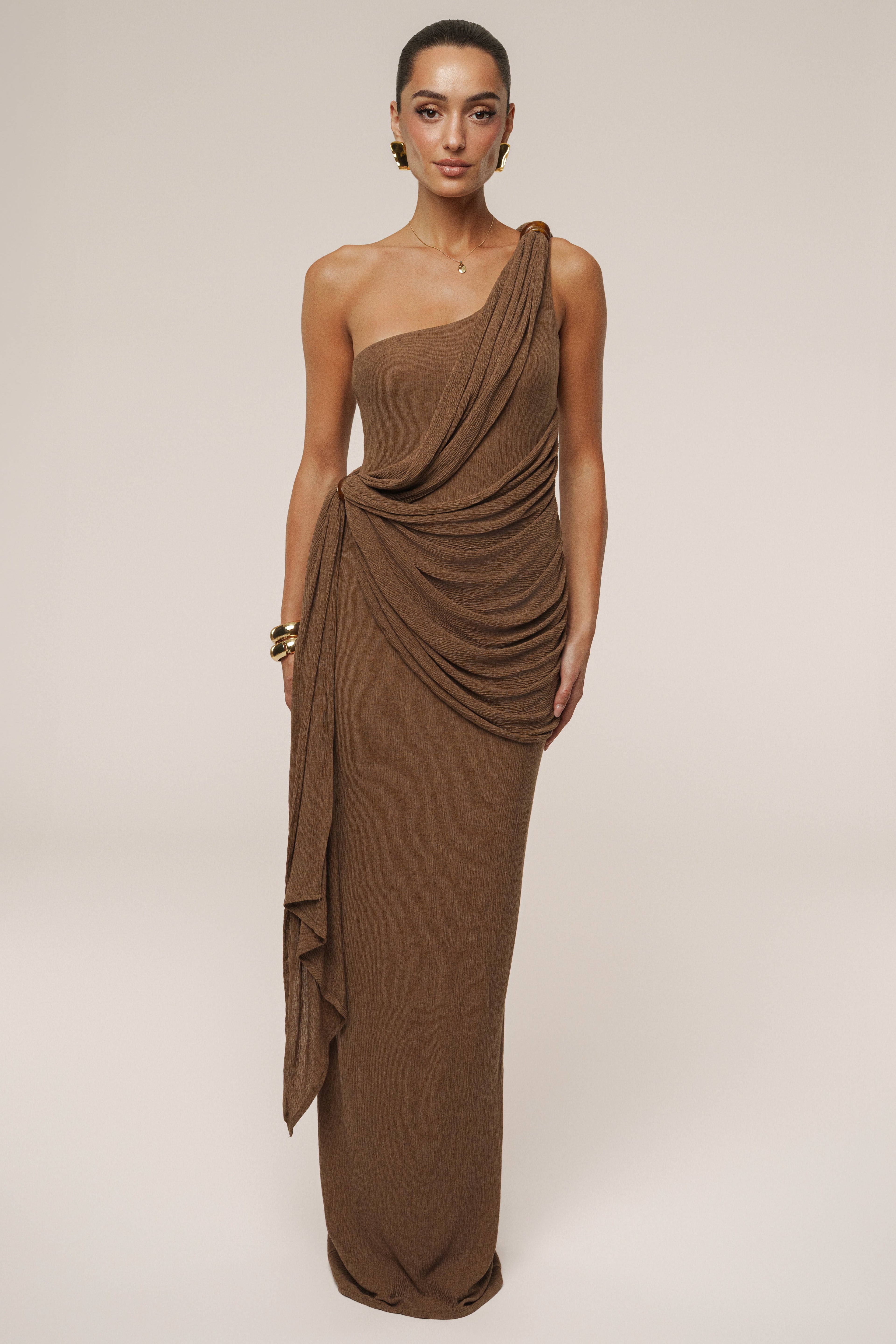 Chocolate Brown One Shoulder Draped Asymmetric Maxi Dress