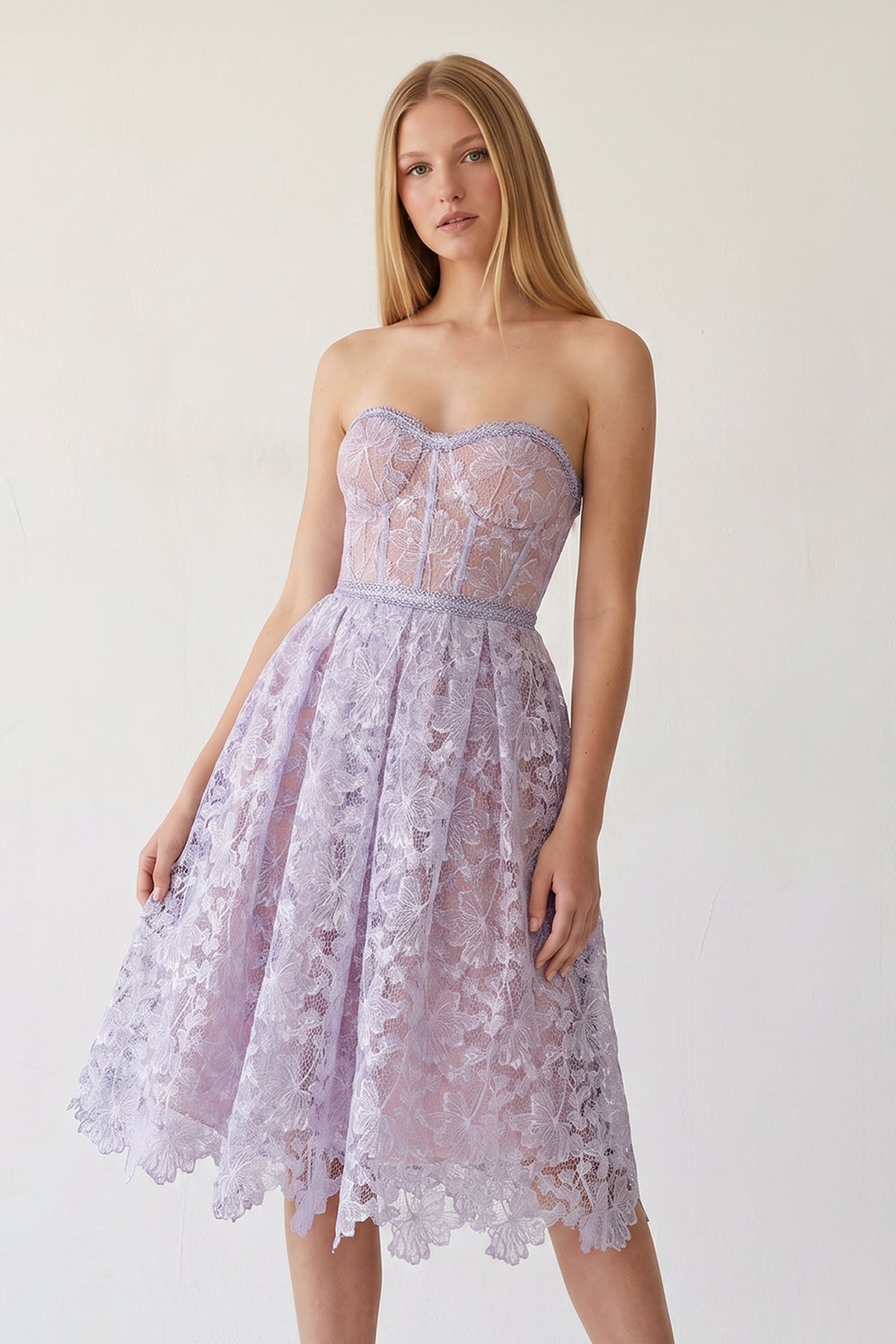 Lace Strapless Floral Midi Dress