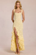 Butter Yellow Lace Ruffle Hem Slit Maxi Dress
