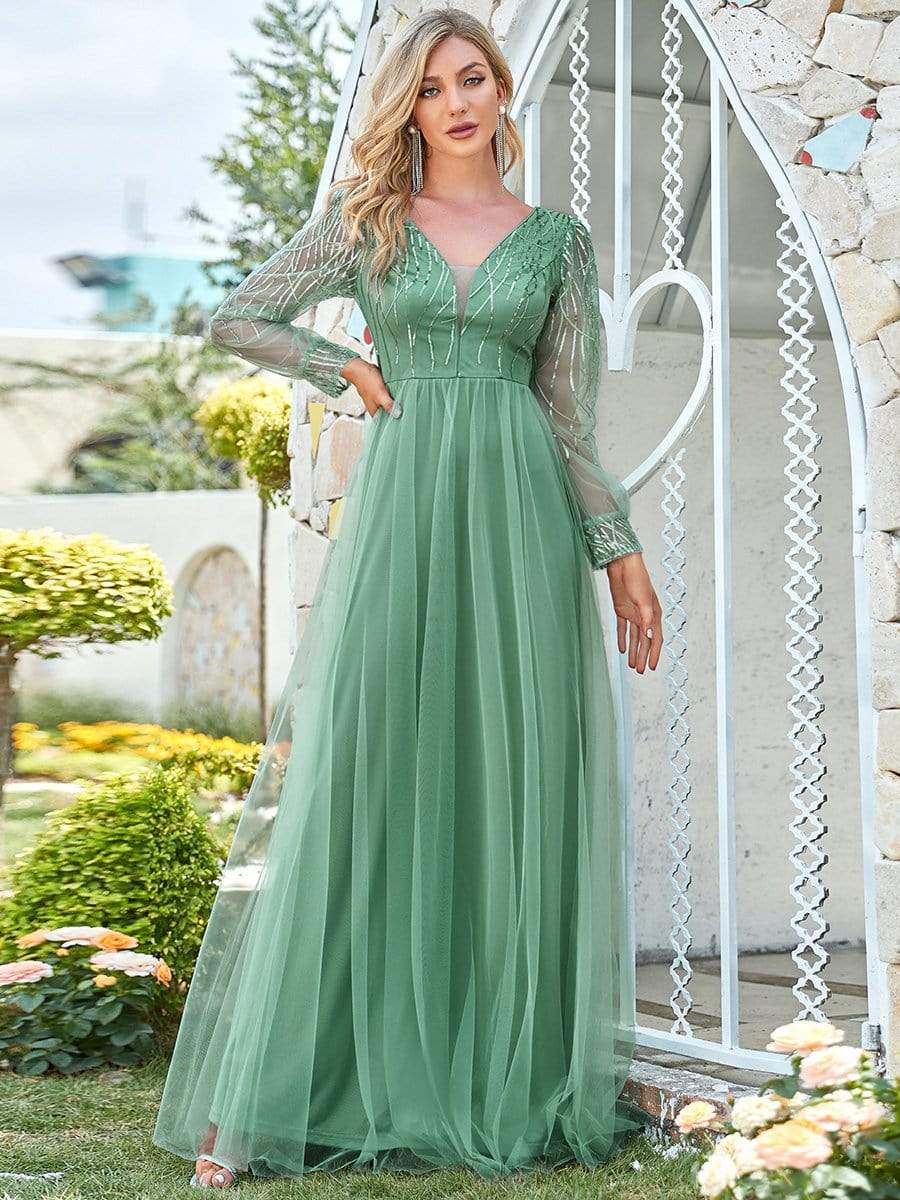 Sexy Deep V Neck Sequin & Tulle Maxi Long Evening Dress