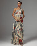 Beige One Shoulder Botanical Print Embellished Maxi Dress