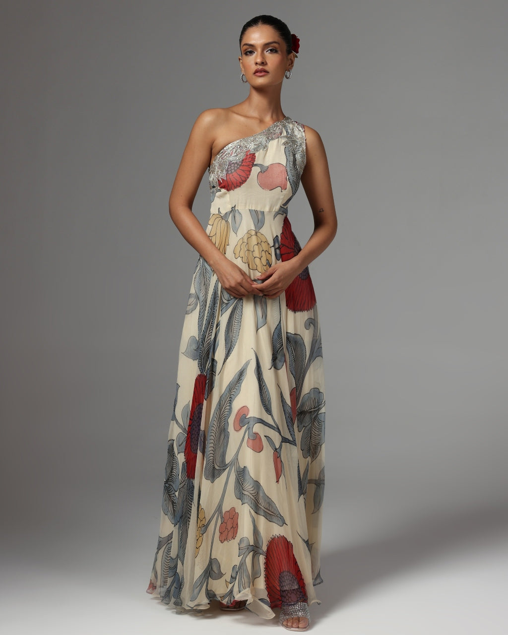 Beige One Shoulder Botanical Print Embellished Maxi Dress