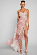 Blush Pink Sheer Asymmetric Ruffle Strap Maxi Dress