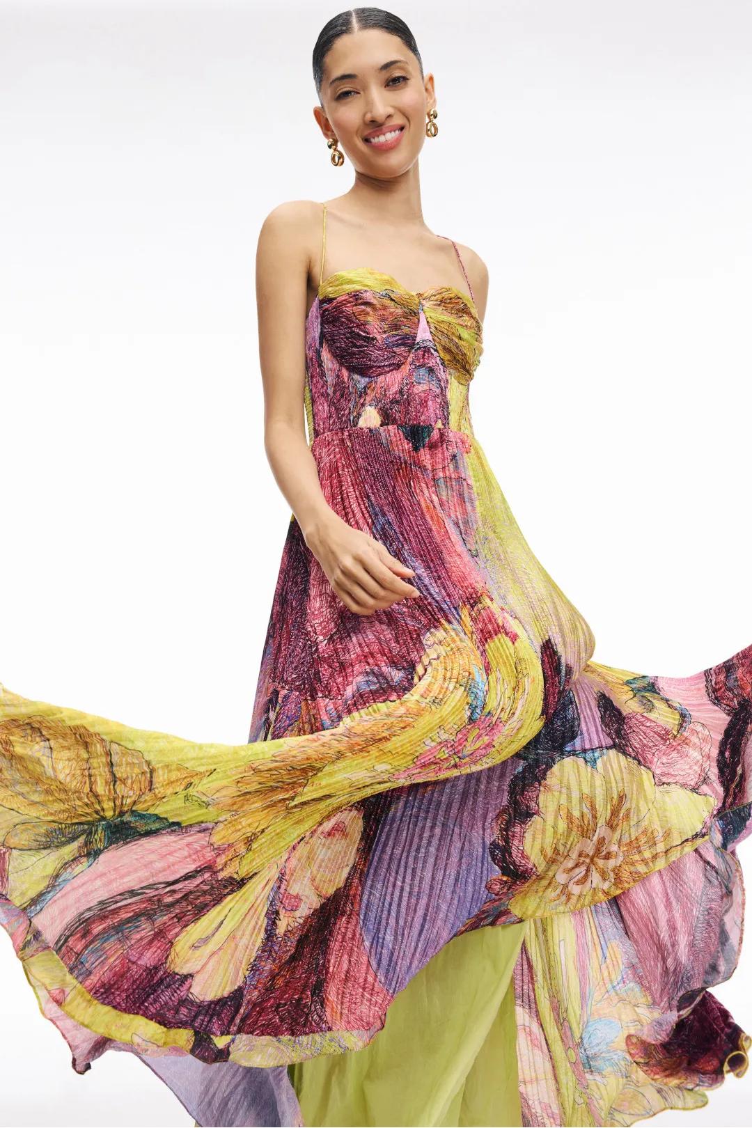 Multicolor Abstract Floral Pleated Chiffon A-Line Maxi Dress