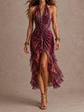 Bohemian Halter Ruched Chiffon High-Low Midii Dress