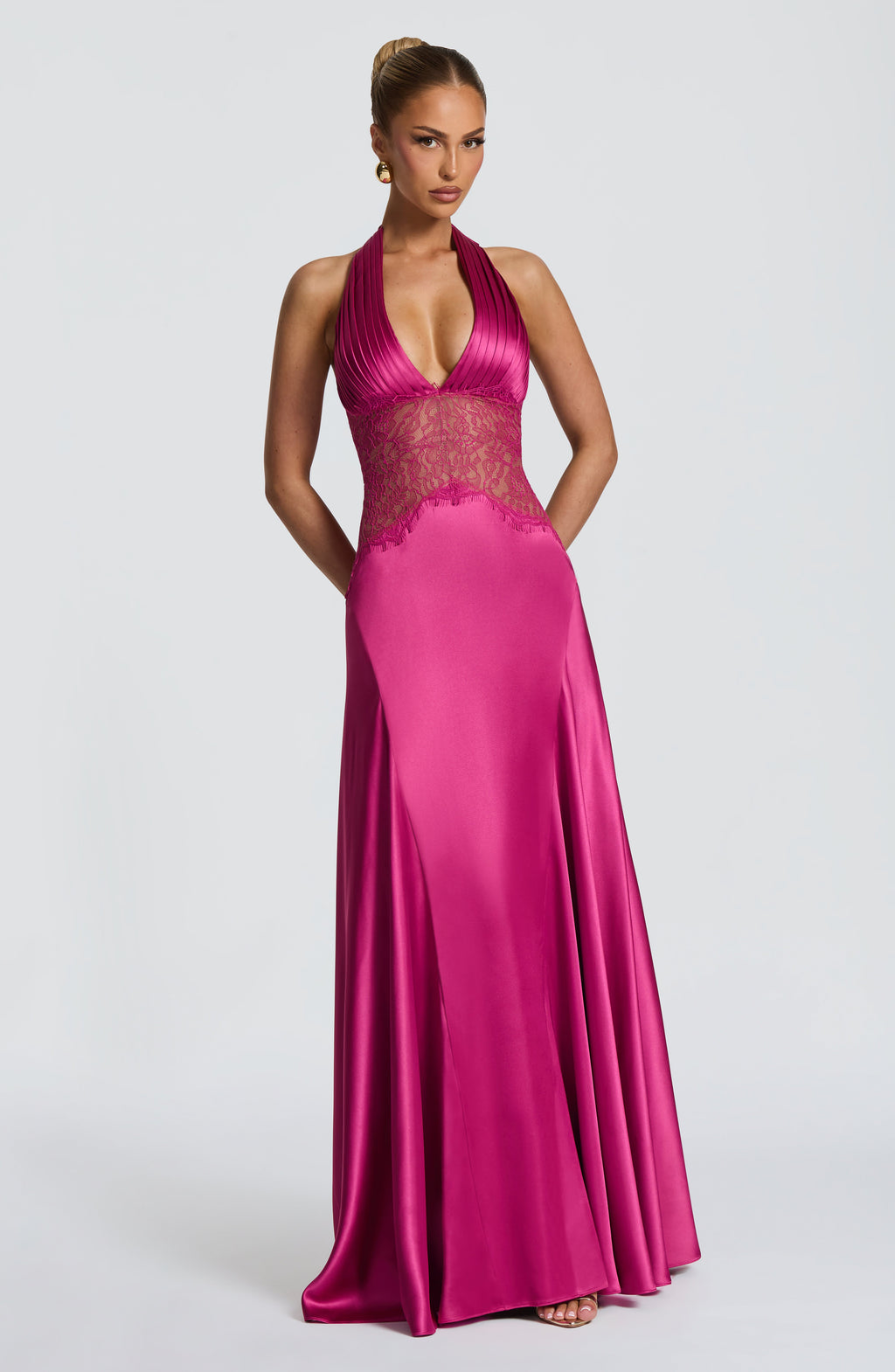 Minimal Chic Pink Satin Halter Bodycon Maxi Dress