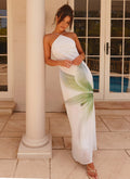White Palm Leaf Print Halter Neck Column Maxi Dress