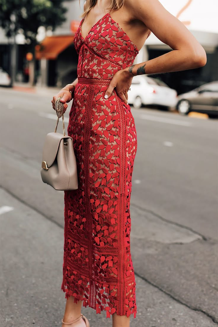 Elegant Red Floral Lace Bodycon Midi Dress