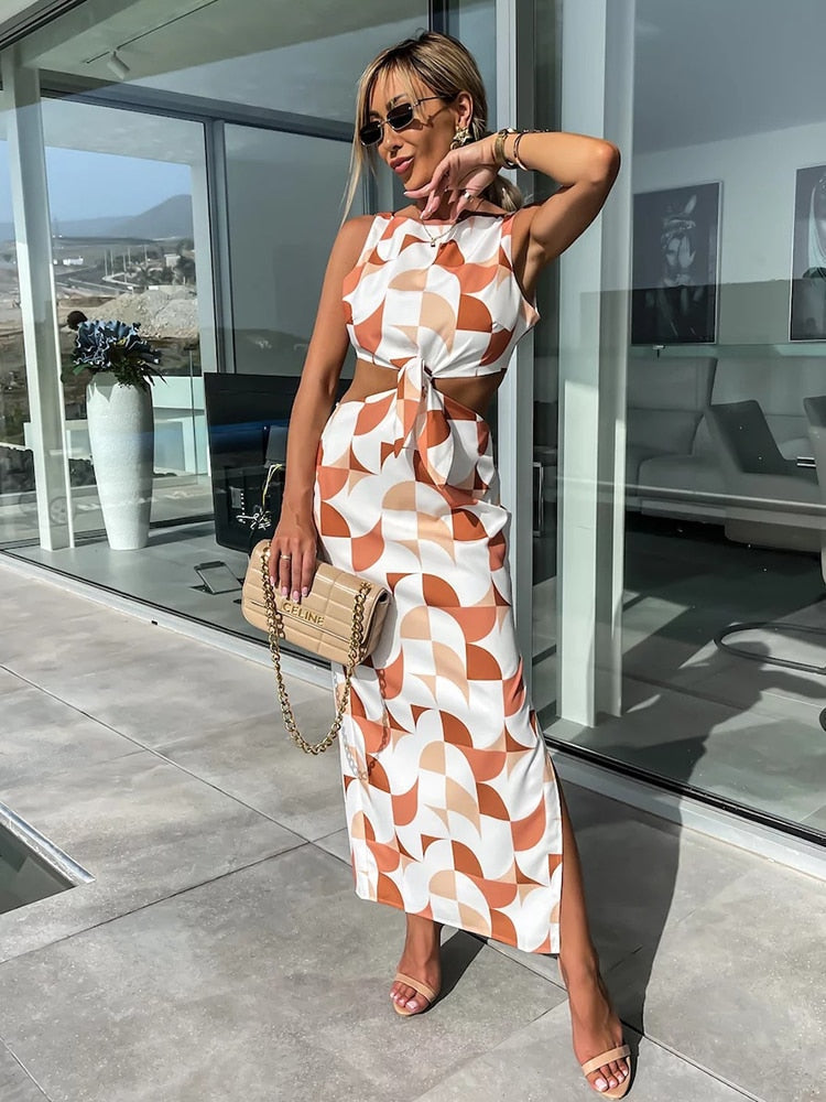 Orange Beige Geometric Cut Out Waist Tie Midi Dress