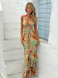 Minimal Chic Olive Floral Deep V Slim Fit Maxi Dress