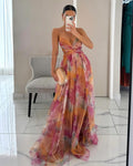 Orange Pink Watercolor Sheer Chiffon Twist Front Maxi Dress