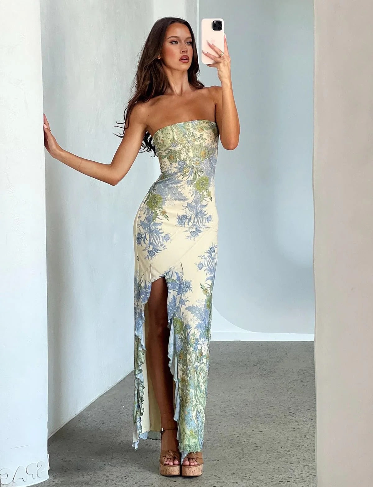 Soft Vintage Floral Print Strapless Slim Fit Formal Dress