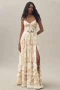 Cream Floral Belted Ruffle Tiered Slit Maxi Dress