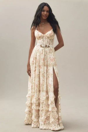 Cream Floral Belted Ruffle Tiered Slit Maxi Dress