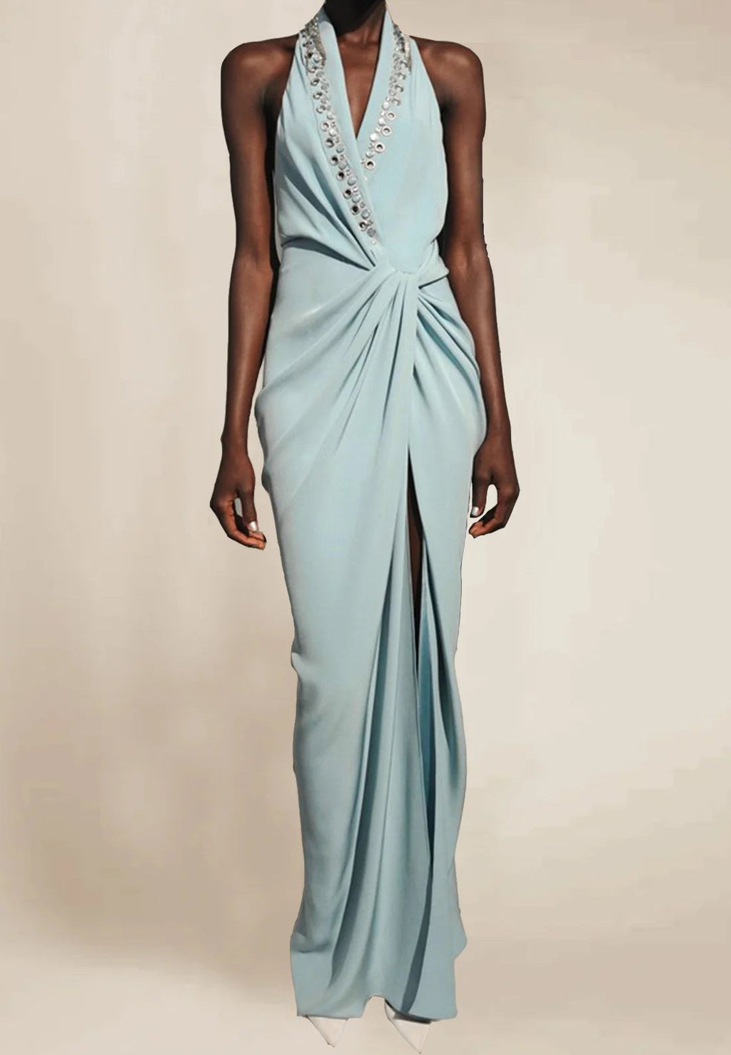 Sage Blue Halter Neck Crystal Trim Draped Maxi Dress