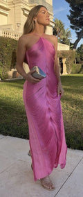 Fuchsia Pink Halter Neck Pleated Maxi Dress