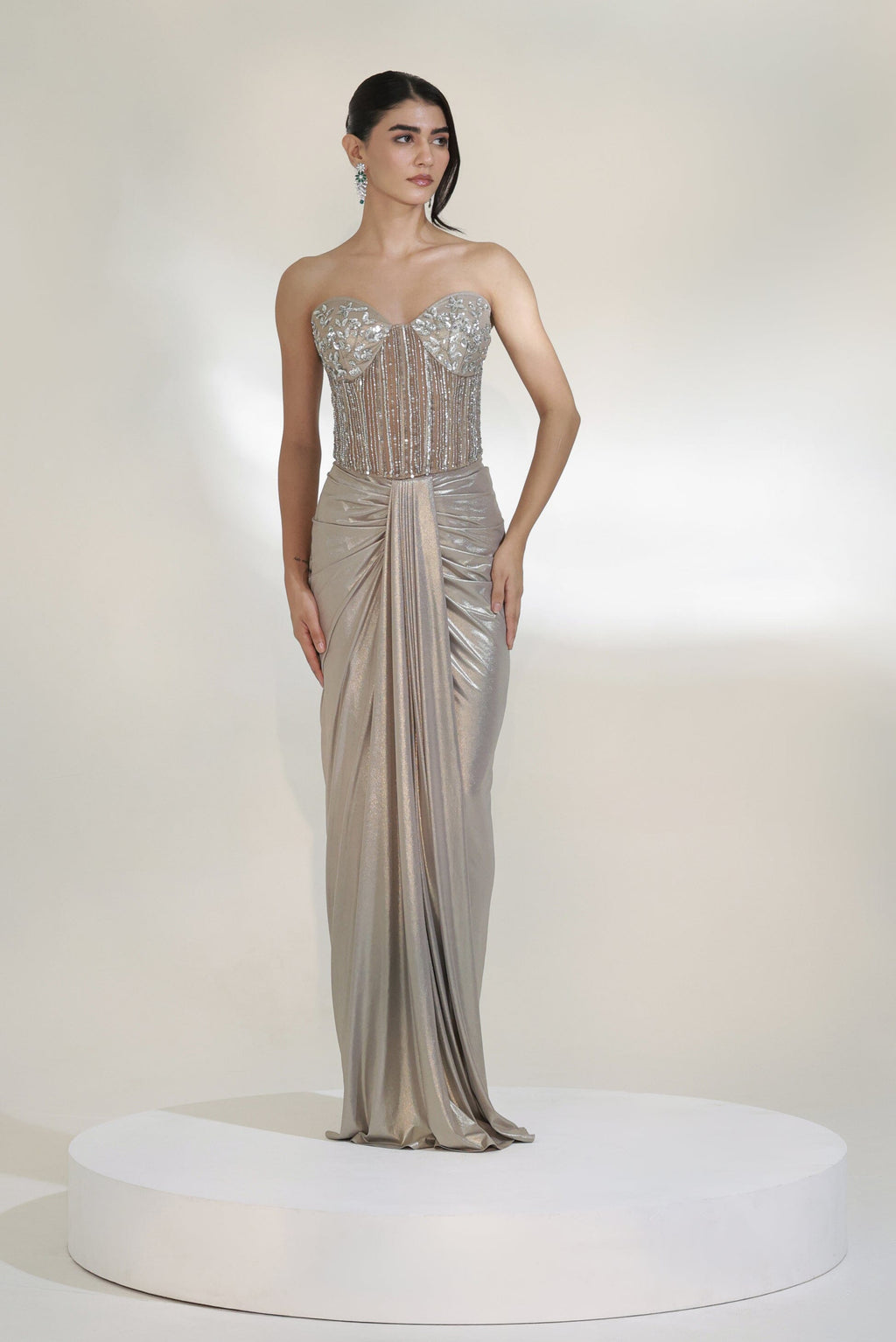 Silver Champagne Strapless Crystal Embellished Draped Maxi Dress