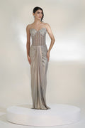 Silver Champagne Strapless Crystal Embellished Draped Maxi Dress