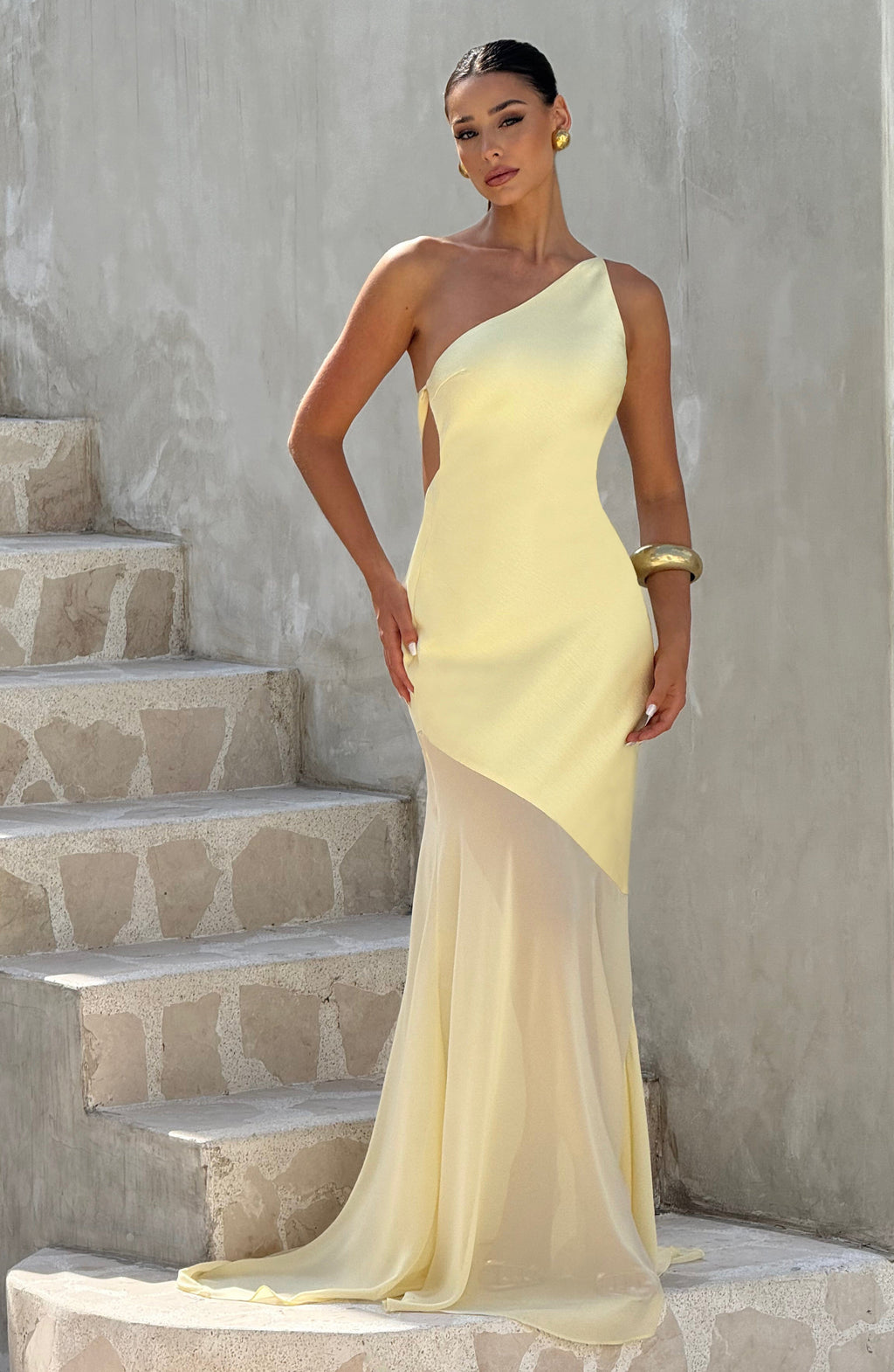 Yellow One Shoulder Asymmetric Draped Maxi Dress