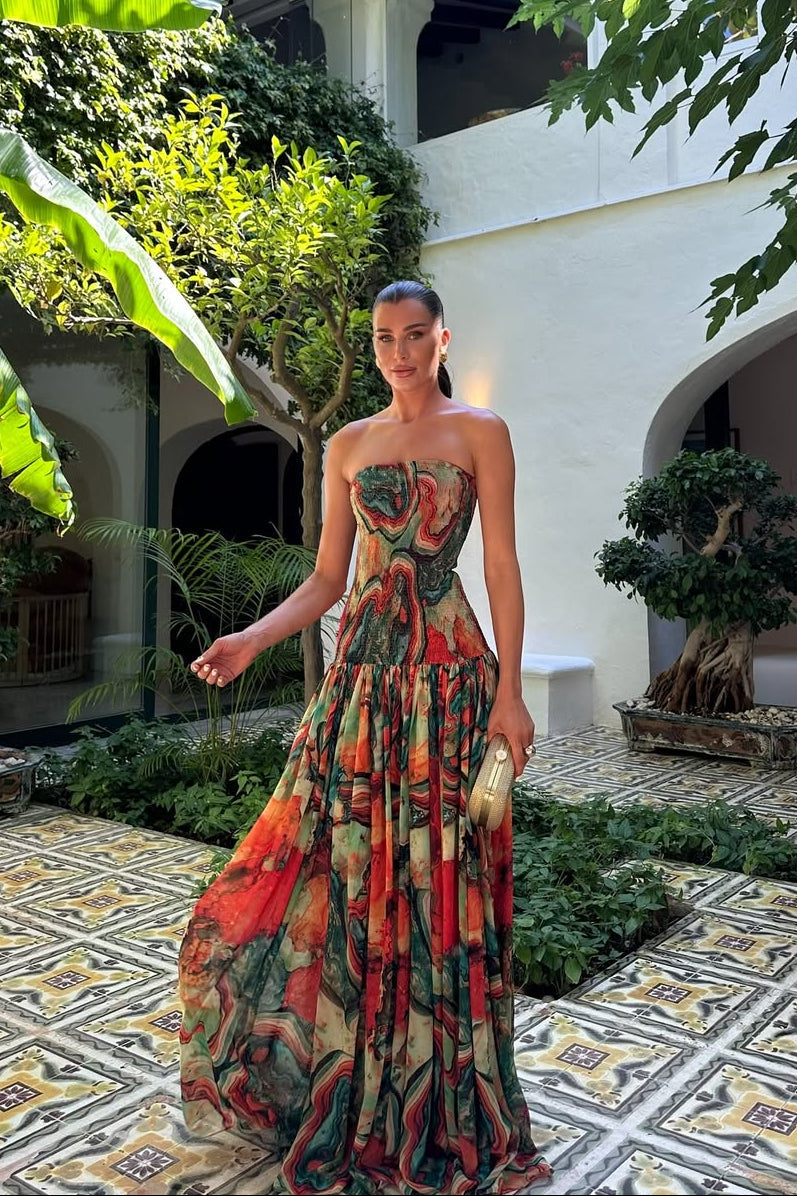 Abstract Marble Print Strapless Maxi Dress