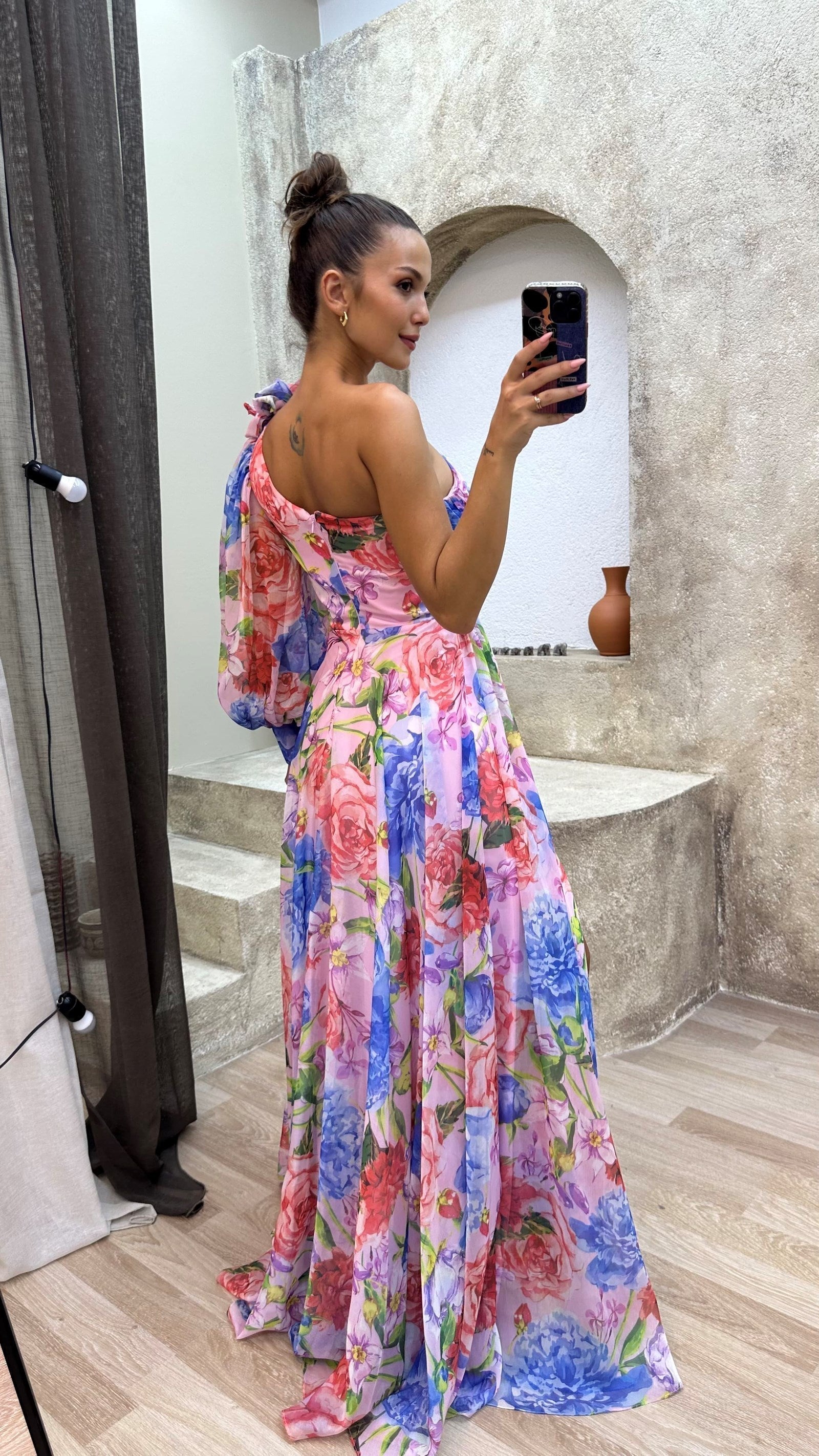 Multicolor Floral One Shoulder Slit Maxi Dress