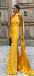 Golden Yellow Halter Neck Draped Satin Mermaid Maxi Dress
