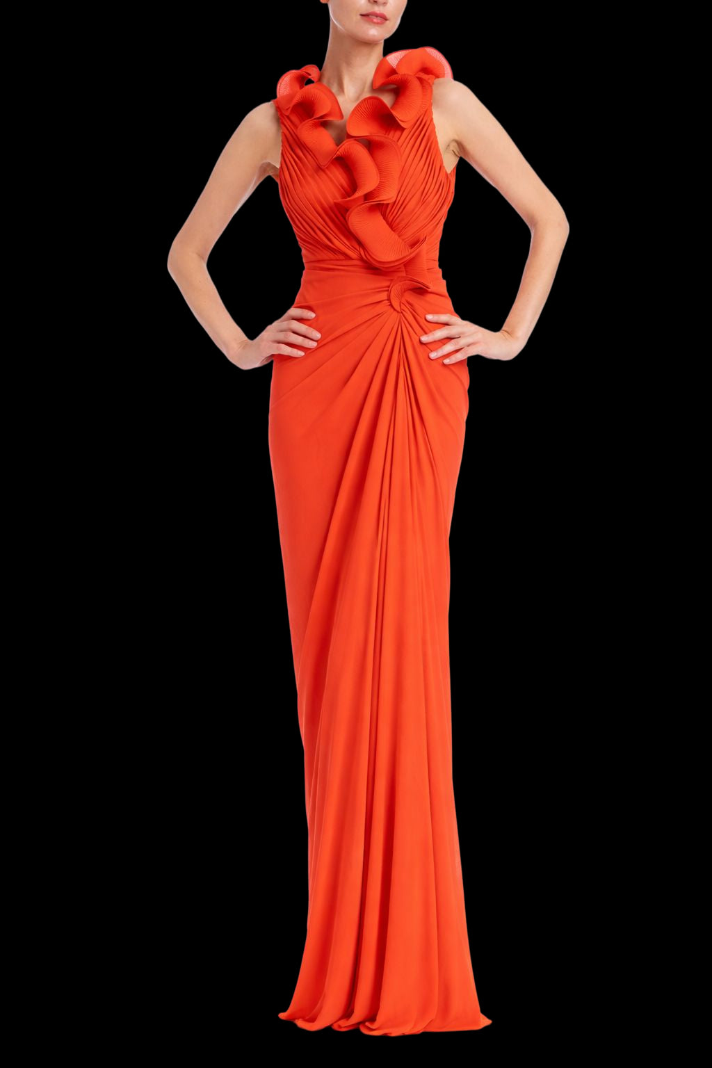 Orange Ruffle Sculpted Draped Halter Maxi Dress
