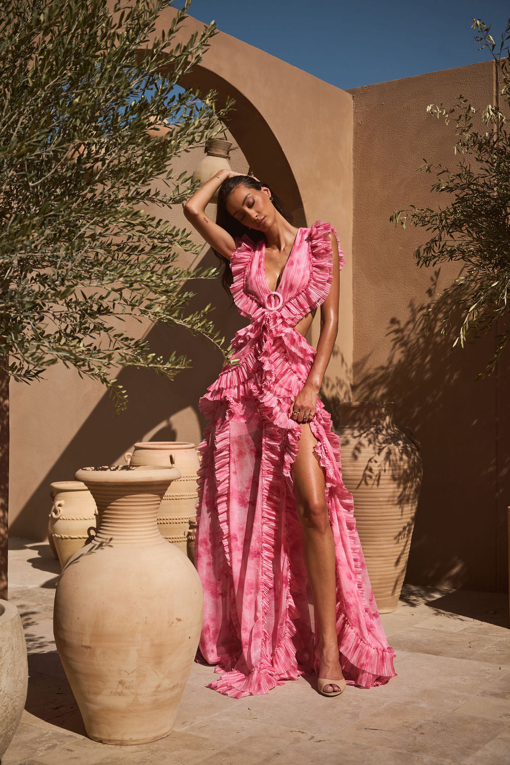 Hot Pink Ruffle Deep V Slit Maxi Dress