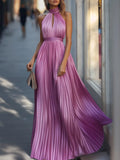 Magenta Pleated Halter Neck Flowing Maxi Dress