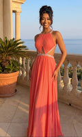 Coral Orange Halter Cut Out Waist Crystal Trim Maxi Dress