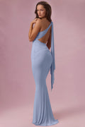 Baby Blue One Shoulder Ruched Bodycon Maxi Dress