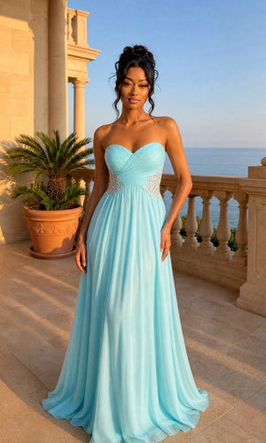 Aquablaues trägerloses Sweetheart Chiffon Maxikleid mit Perlen an der Taille