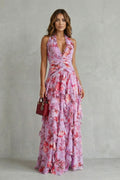 Pink Floral Halter Ruched Ruffle Tiered Maxi Dress