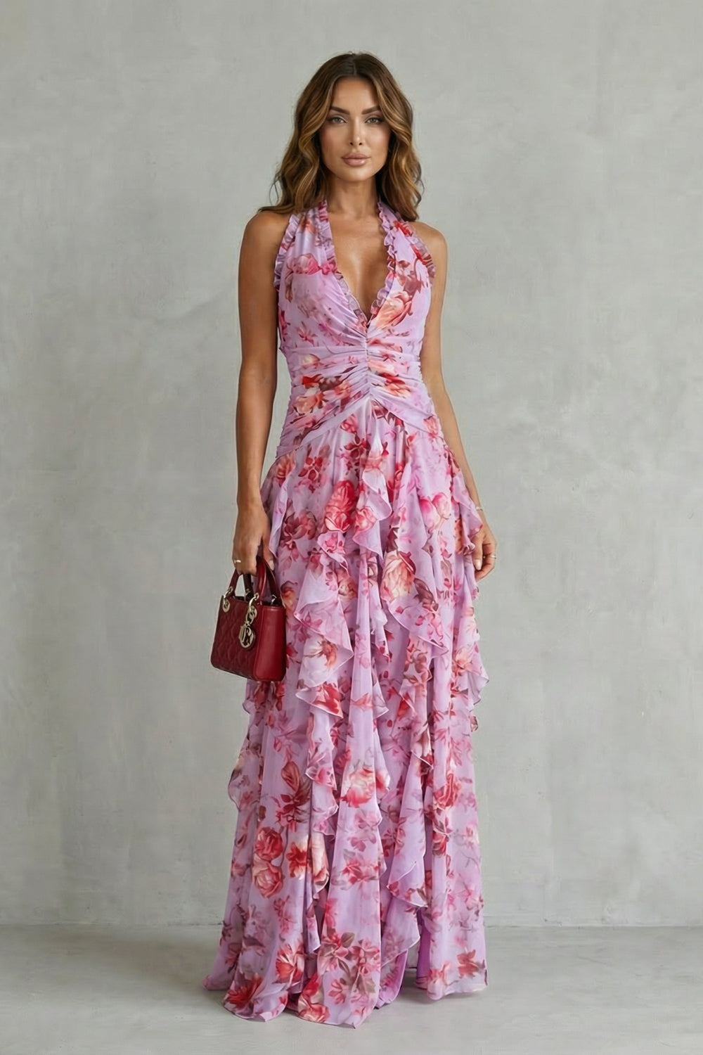 Pink Floral Halter Ruched Ruffle Tiered Maxi Dress