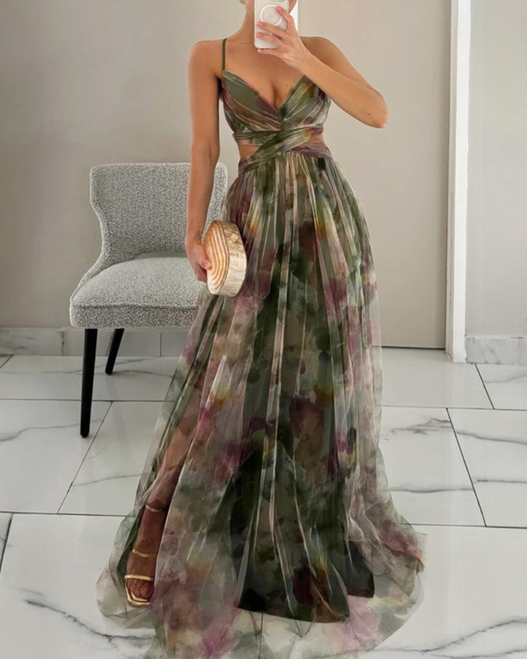 Green Abstract Floral Print Cutout Waist Pleated Maxi Dress