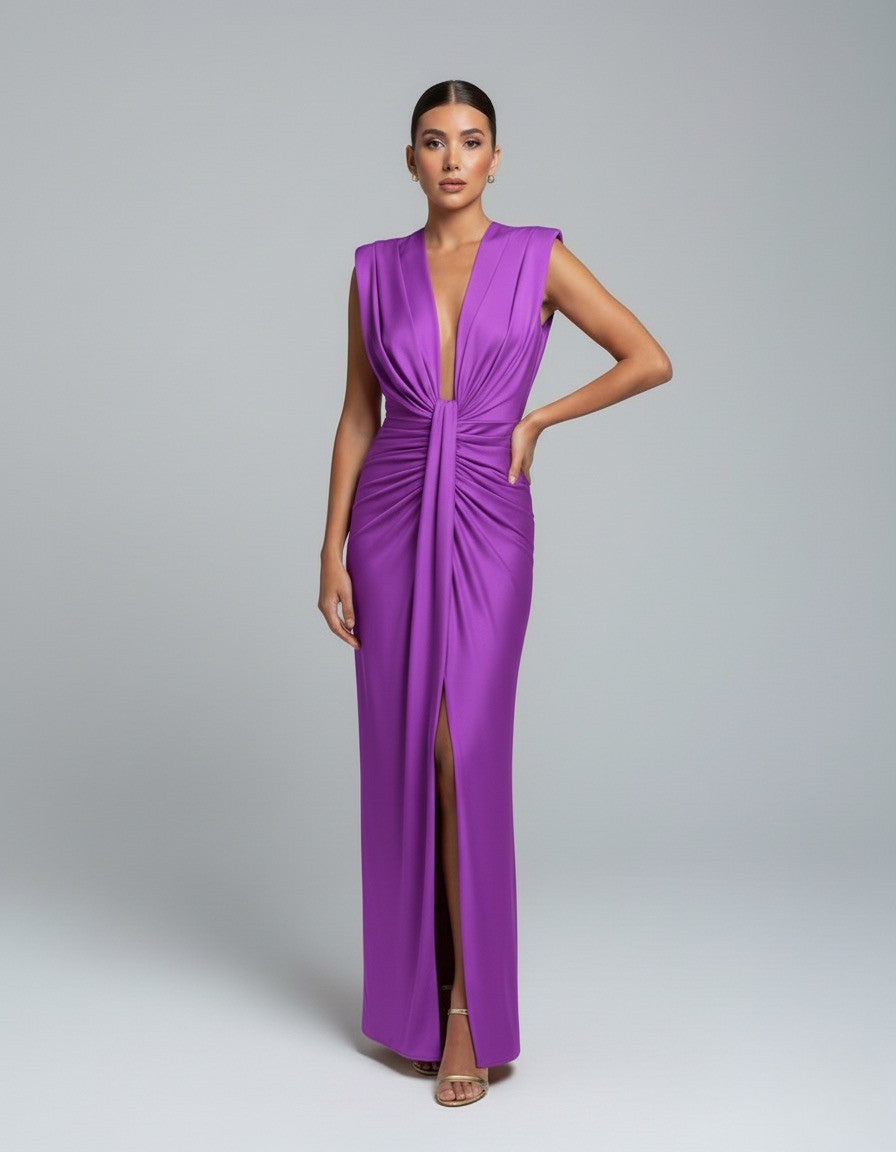 Women's Sleeveless Wedding Guest Dress with Plunging Neckline