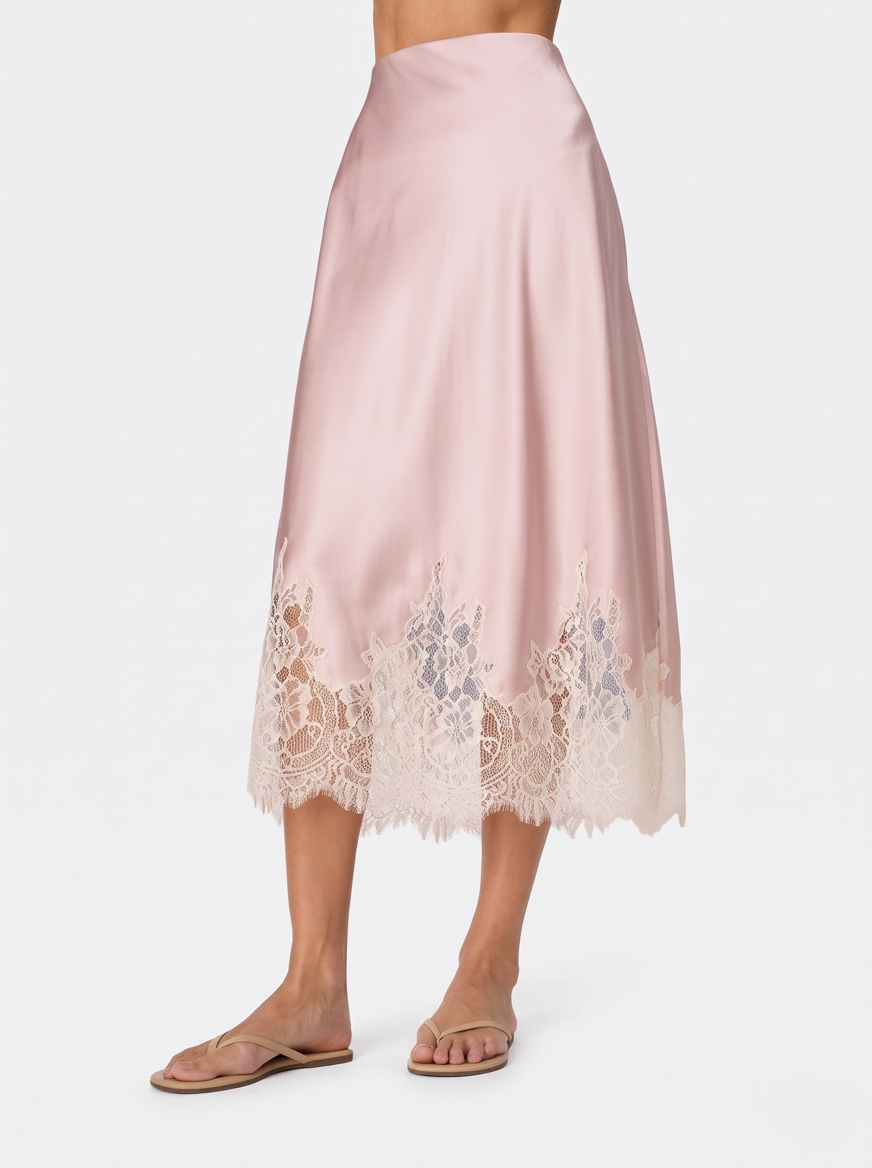 Pink Satin Lace Hem Midi  Slip Skirt