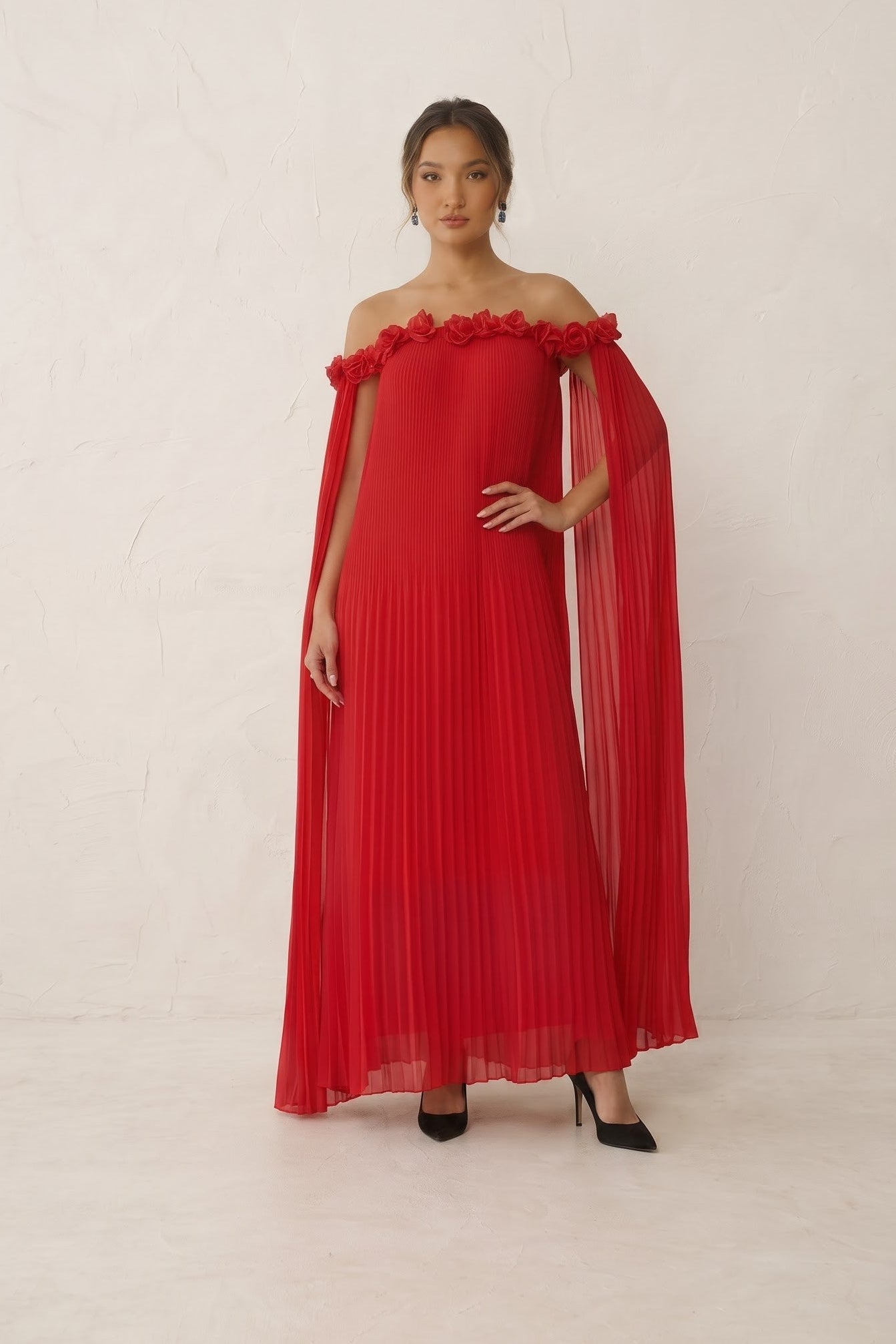 Red 3D Rose Pleated Maxi Dress