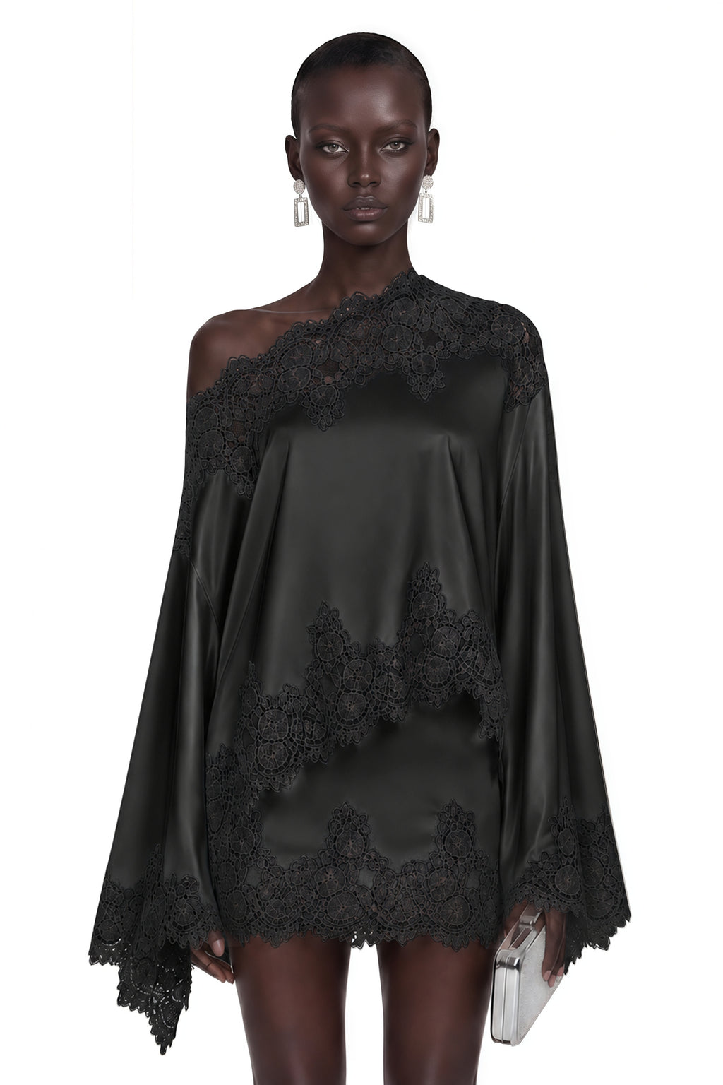 Blue Satin One-Shoulder Lace Cape Top&Mini Dress