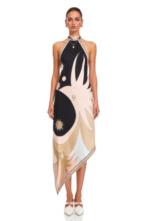 Celestial Print Halter Neck Asymmetric Midi Dress