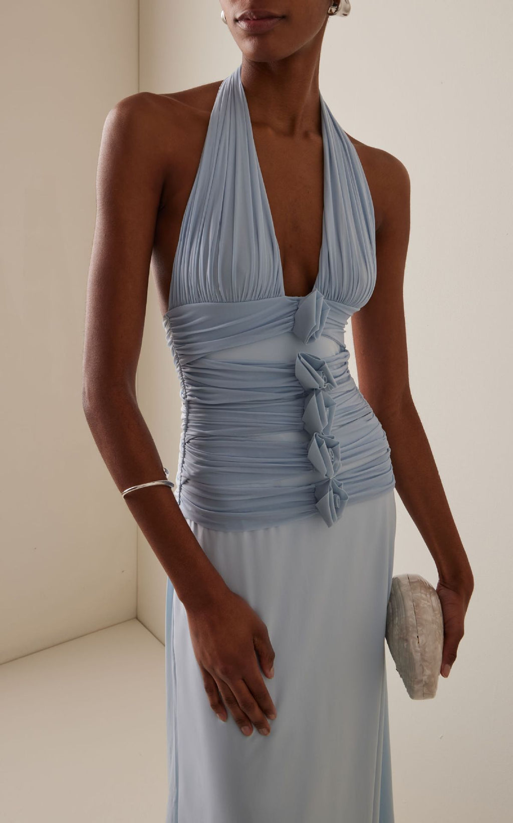 Light Blue Halter Neck Maxi Dress with 3D Flower Detail