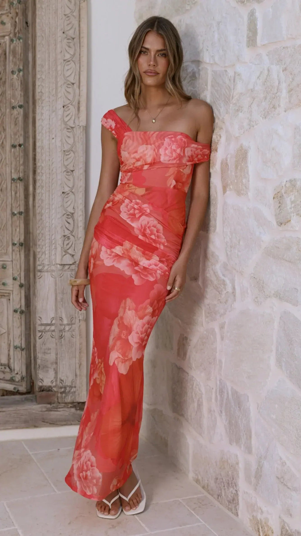 Red Orange One Shoulder Floral Print Bodycon Maxi Dress
