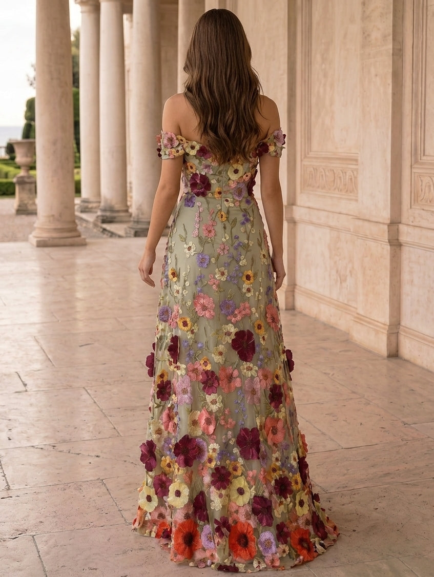 Romantic Botanical Garden Embroidered Off Shoulder Gown