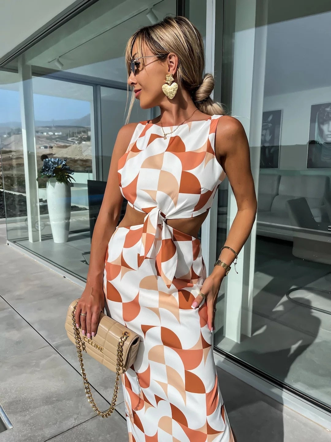 Orange Beige Geometric Cut Out Waist Tie Midi Dress